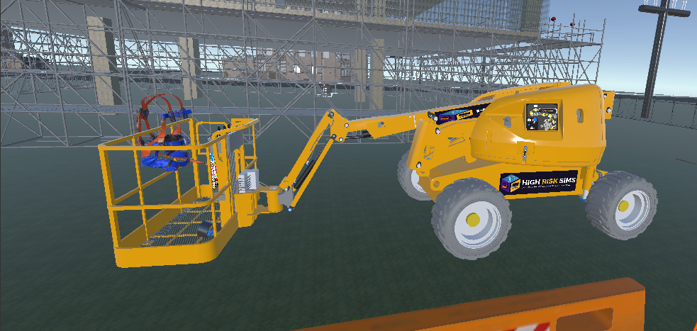 Boom lift fully extended on construction site