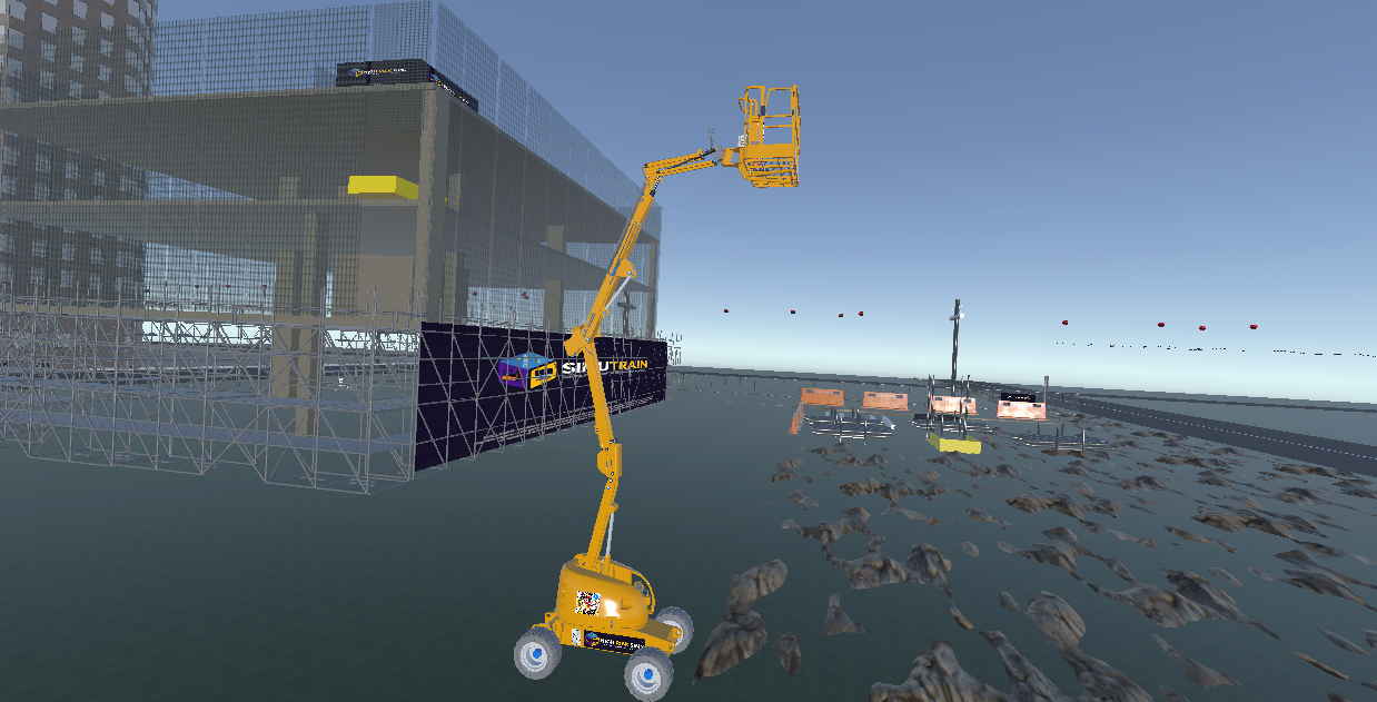 Boom lift navigating safety screens on site