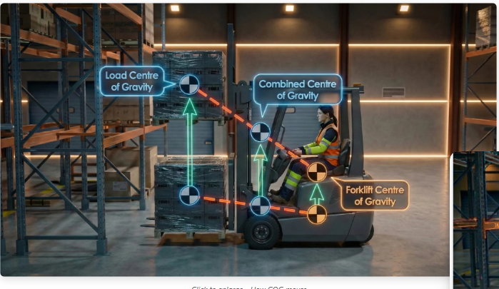 Load, combined, and forklift centre of gravity