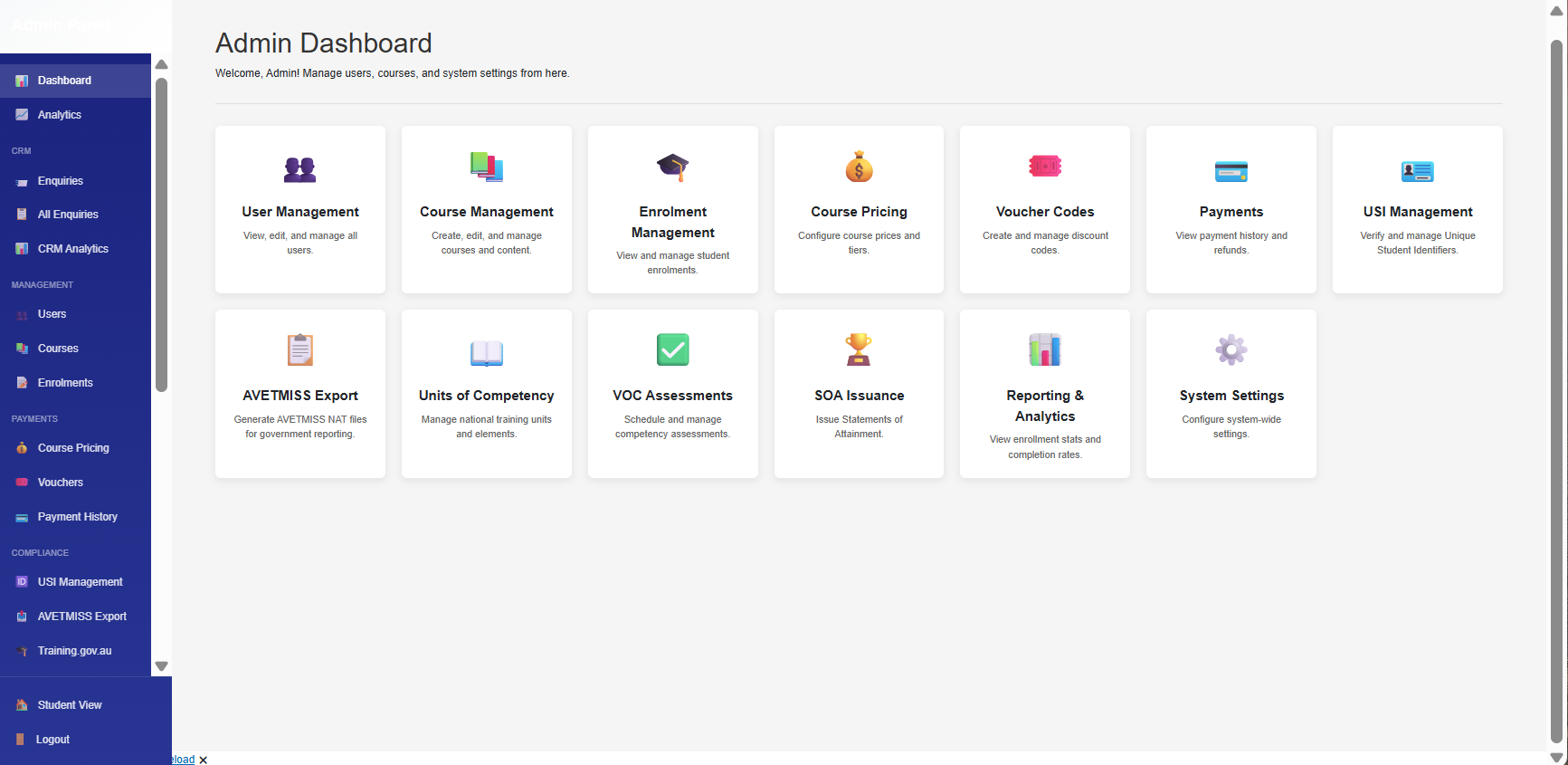 Admin dashboard — users, courses, compliance