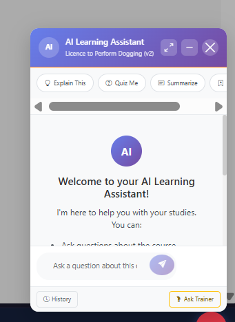 AI chatbot — Explain This, Quiz Me, Summarize features