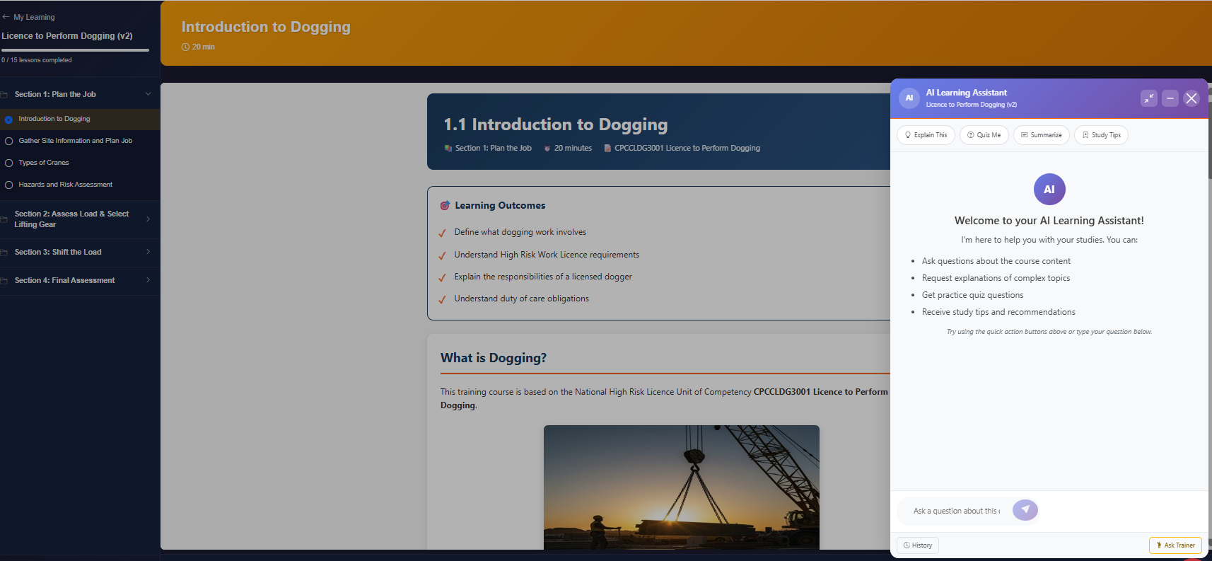 Dogging lesson with AI Learning Assistant chatbot