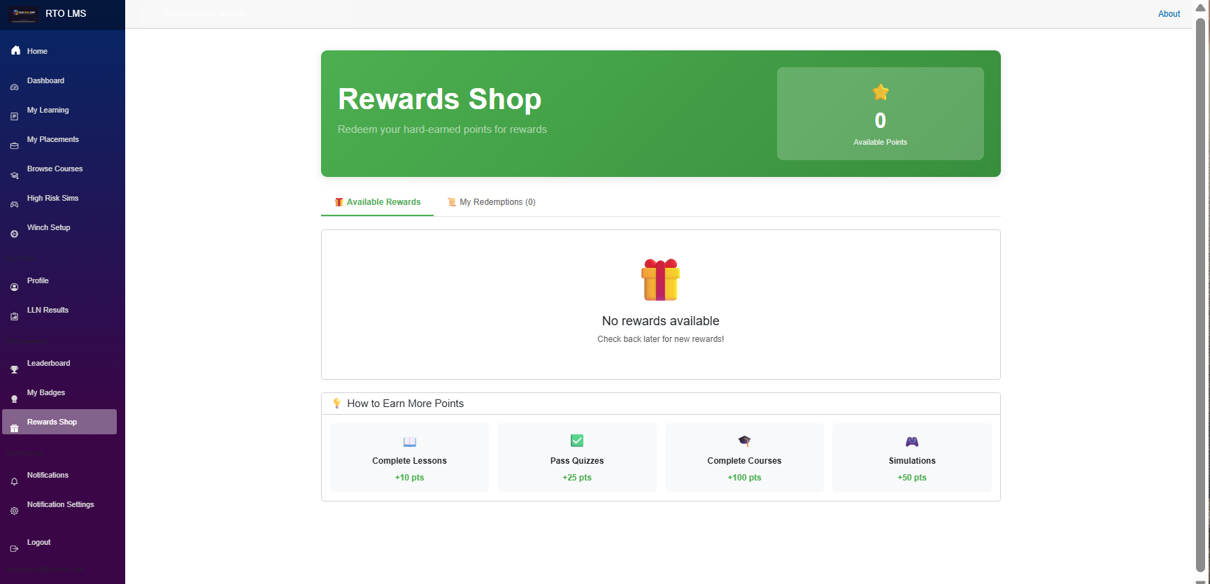 Rewards shop — earn points for lessons and quizzes